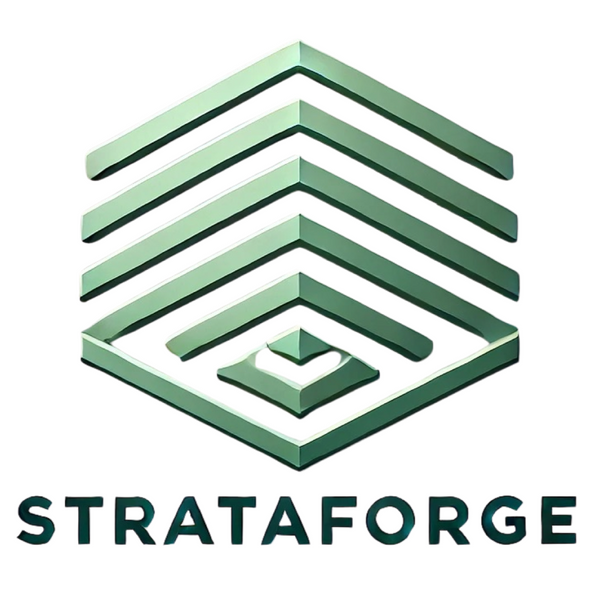 CUBE MADE OF LINES WITH THE TEXT STRATAFORGE